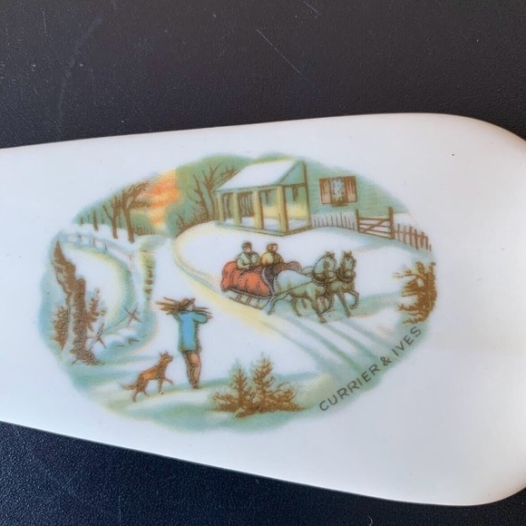 Vtg Harkerware Currier Ives Porcelain Ceramic Pie Server Homestead Sleigh Scene - Picture 3 of 9